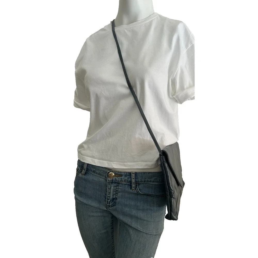 VTG 80s Envelope Crossbody Bag Gray Leather Ruched Mob Wife Quiet Luxury NOS